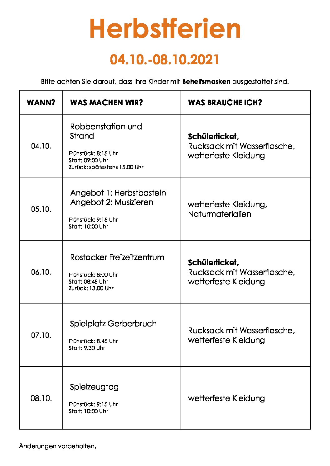 Programm Ferienbetreuung Herbstferien